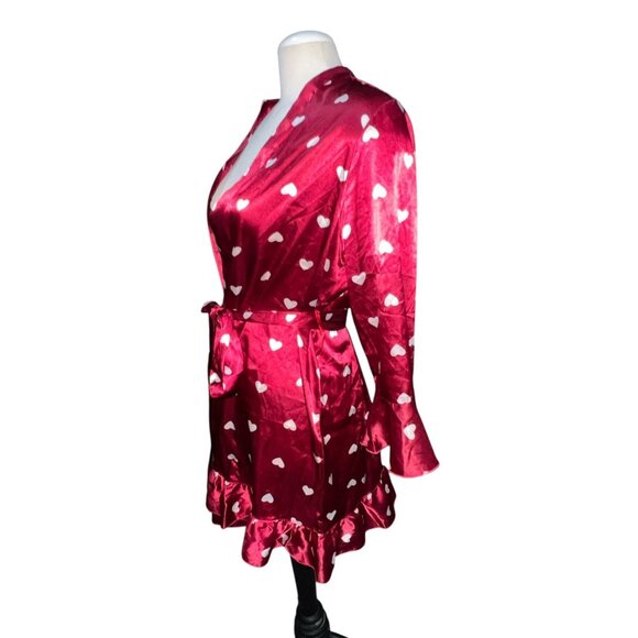 Red Satin Robe Size Large Womens White Heart Print Ruffled Hem & Sleeves Tie-Wai - Picture 4 of 7